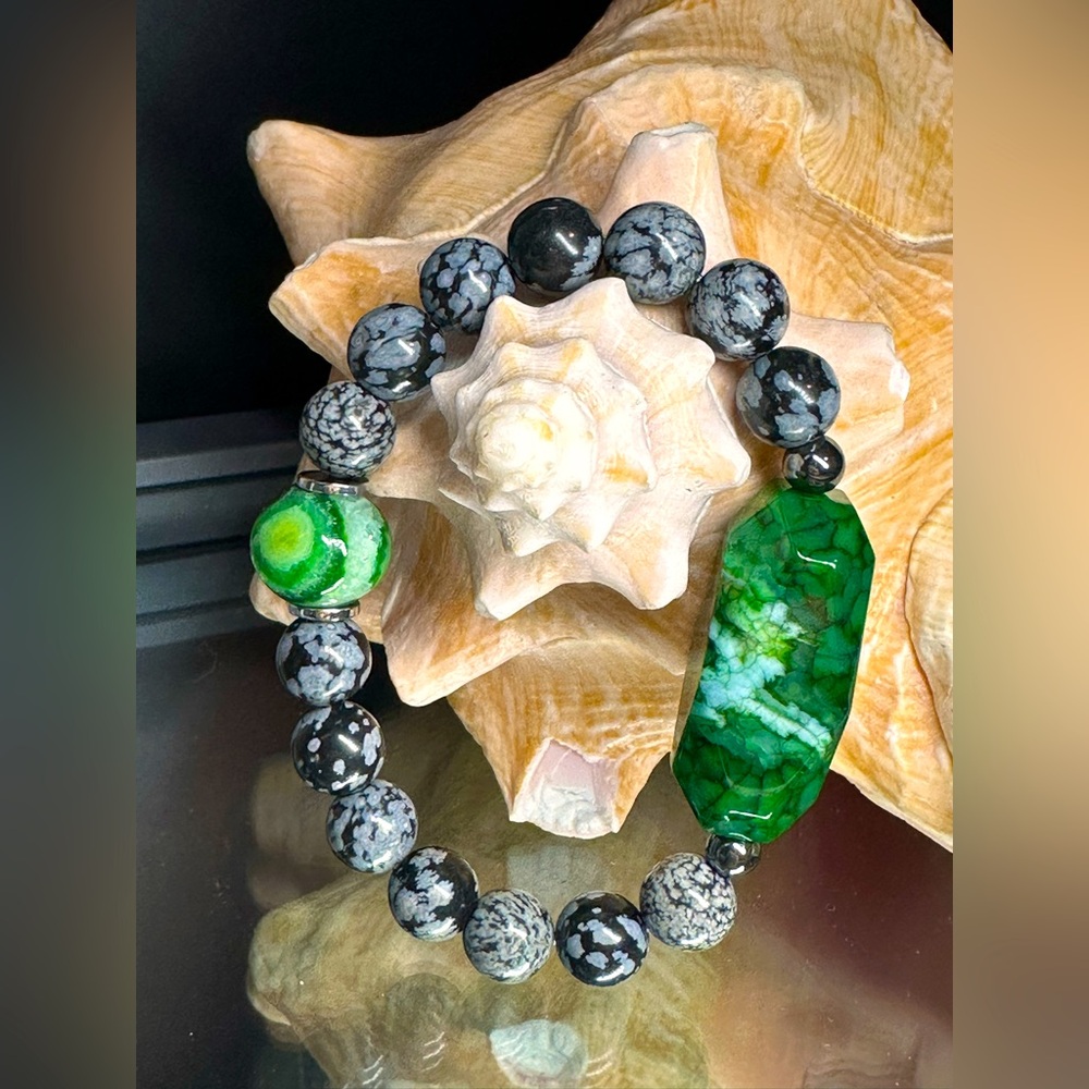 SNOW OBSIDIAN + AGATES NATURAL STONES  BRACELET size 7”